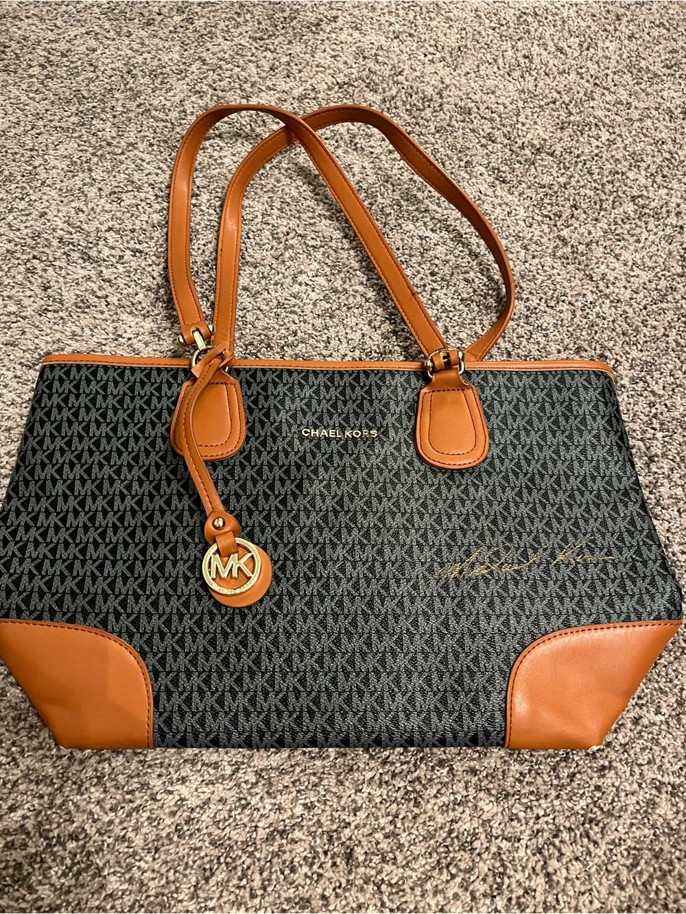 Michael Kors Black MK Logo Tote with Tan Trim